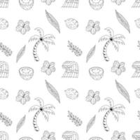 Seamless Pattern With Elements For Surfing. Palm Trees, Waves And Surf Boards In the Doodle Style. vector