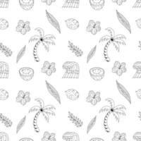 Seamless Pattern With Elements For Surfing. Palm Trees, Waves And Surf Boards In the Doodle Style. vector