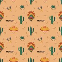 Seamless Pattern With Mexican Elements. Cactus, Skull, Hat And More. Hand Drawn Flat Vector Illustration.