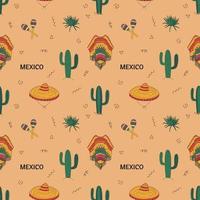 Seamless Pattern With Mexican Elements. Cactus, Skull, Hat And More. Hand Drawn Flat Vector Illustration.