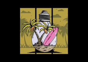 árbol de coco y tabla de surf en una ilustración de lámpara de bombilla vector