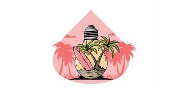 Coconut tree and surfing board in a bulb lamp illustration vector