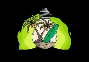 árbol de coco y tabla de surf en una ilustración de lámpara de bombilla vector