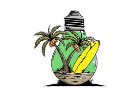 árbol de coco y tabla de surf en una ilustración de lámpara de bombilla vector