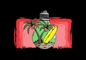 árbol de coco y tabla de surf en una ilustración de lámpara de bombilla vector