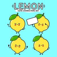 Funny cute happy lemon characters bundle set. Vector hand drawn doodle style cartoon character illustration icon design. Isolated on blue background. Cute lemon mascot character collection