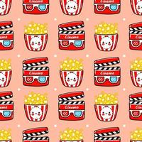 Funny cute happy popcorn and movie clapper seamless pattern characters. Vector kawaii line cartoon style illustration. Cute popcorn and movie clapper pattern