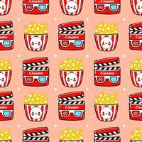 Funny cute happy popcorn and movie clapper seamless pattern characters. Vector kawaii line cartoon style illustration. Cute popcorn and movie clapper pattern