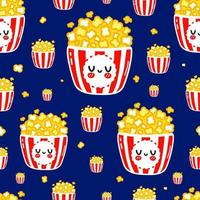 Funny cute happy popcorn seamless pattern characters. Vector kawaii line cartoon style illustration. Cute popcorn pattern