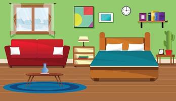 ilustración de fondo interior de la habitación. dormitorio, salón de dibujos animados, dormitorio infantil con muebles. habitación juvenil con cama, habitación infantil o infantil con juguetes y cuadros. vector
