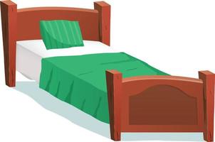 cama de madera de dibujos animados con manta verde ilustración de una cama infantil de madera de dibujos animados para niños y niñas con almohadas y manta verde. vector