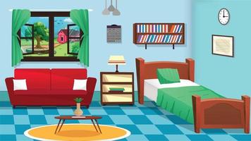 ilustración de fondo interior de la habitación. dormitorio, salón de dibujos animados, dormitorio infantil con muebles. habitación juvenil con cama, habitación infantil o infantil con juguetes y cuadros. vector