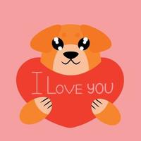 Cute puppy with heart in paws with inscription. Valentines day card. Image isolated on pink background. Vector illustration. Design element for sites of menu for design of thematic products