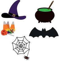 Set of halloween attributes. Witch hat cauldron of green potion spider and cobweb bunch of festive sweets. Vector illustration