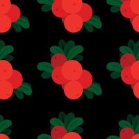 Pattern of repetitive lingonberry berries with leaves. Image isolated on black background. Design element for use in design of sites clothing stationery postcards. Vector illustration