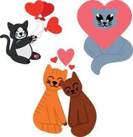 Collection of clip art cats. Cat with balloons with heart on head and couple of cats. Thematic set of illustrations isolated on white background. Vector illustration