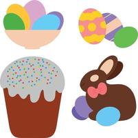 Easter set for holiday. Bowl with multicolored eggs easter eggs with ornament chocolate bunny Easter cake . Vector illustration. Easter attributes collection isolated on white background
