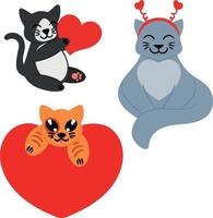 Set of adorable cats for valentines day. Cat with heart with hoop on head and on large heart. Vector illustration isolated on white background. Image intended for design of sites fabric menu