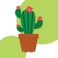 Blooming green cactus concept. Cactus with red flowers in flower pot. Vector illustration. Cactus with flower isolated on color background
