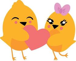 Charming couple of yellow chickens giving heart. Valentines Day. Vector illustration isolated on white background. Image intended for printing and use in design of clothing menu sites banners