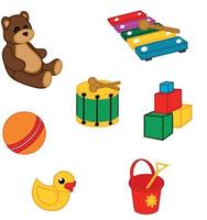 Set of illustrations of children's toys in isometric. Teddy bear ball cubes rubber duck xylophone drum bucket. Vector illustration