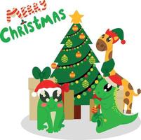 Festive postcard with merry christmas signature and cute animals around decorated tree. Frog with new years cap dinosaur with christmas ball in paws and giraffe in elf costume. Vector illustration