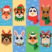 Set of portraits of various cute animals on colorful background. Fox tiger penguin deer brown bear bunny squirrel and owl.Vector illustration vector