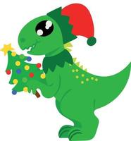 Adorable green dinosaur dressed as elf and with christmas tree in his paws. Image isolated on white background. Vector illustration