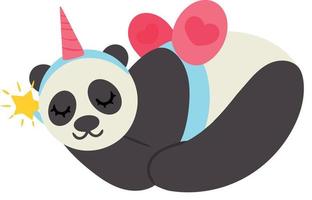 Cute panda with fairy wings and headband with unicorn horn sleeps holding magic wand in its paws. Vector illustration. Design element on white background