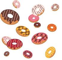 Different types of donuts levitating in the air on white background. Design element for poster label sign emblem menu. Vector illustration