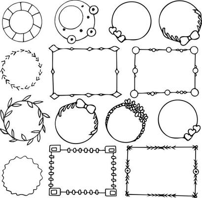 frames round and Rectangular set sketch hand drawn doodle. collection of border elements for design, vector, monochrome, minimalism, hearts, flowers, leaves, arrows, bows