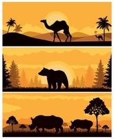 Horizontal abstract Sunset banners of wild Camels, bears, and rhinos in African savanna with trees. vector