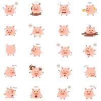 Funny pigs cartoon characters set. flat collection of little cute animals in various situations, singing, acting, dancing, and having fun. vector