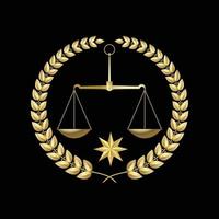 an image of golden scale of justice inside a laurel wreath symbolizing justice and balance