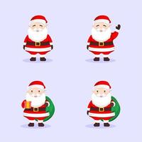 Santa Claus set. Cartoon holiday moving characters. Cute Father Frost stand with gift bag, raise his hands up and welcomed vector illustration.