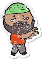 distressed sticker of a cartoon worried man with beard vector