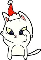 confused comic book style illustration of a cat wearing santa hat vector