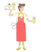 A young waiter in a red long apron. In his hands is a tray of drinks and ice cream. Work for students. Summer part-time job in a cafe or restaurant. Vector isolated image on a white background.