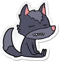 sticker of a cartoon sitting  wolf showing teeth vector