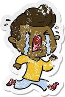 distressed sticker of a cartoon crying man vector