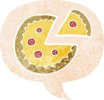 cartoon pizza and speech bubble in retro textured style vector