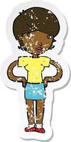 retro distressed sticker of a cartoon woman with hands on hips vector