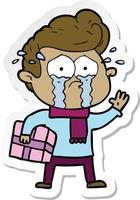 sticker of a cartoon crying man with present vector