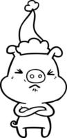 line drawing of a angry pig wearing santa hat vector