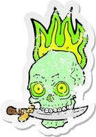 retro distressed sticker of a cartoon pirate skull with knife in teeth vector