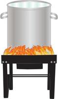 Large steel pot on top of a flaming propane burner vector