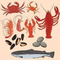 colección de imágenes prediseñadas de mariscos, que contienen mariscos, almejas, mejillones y salmón fresco vector