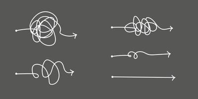 The way to solve a complex idea. Process of understanding. Lines of chaotic doodles with an arrow. Clarity of thought, brainstorming. Doodle vector illustration