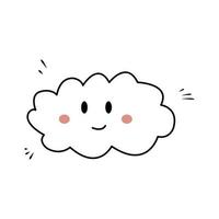 Cute hand drawn cloud with pink cheeks doodle style, vector illustration isolated on white background. Black outline design element, contour, cartoon character