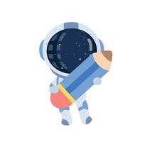 lindo astronauta de dibujos animados sosteniendo un lápiz. ilustración vectorial para logotipo o pegatina de mascota vector